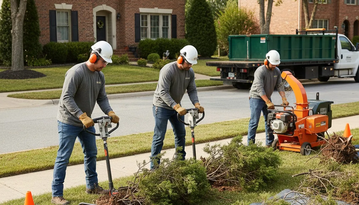 Wilmington, NC crew removing overgrown shrubs for safe, efficient tree service cleanup