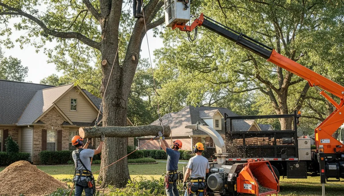 Wilmington, NC tree removal crew safely clearing a hazardous tree on a residential property