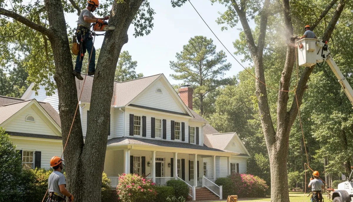 Tree service crew removing a tree in Wilmington, NC for safe property clearance